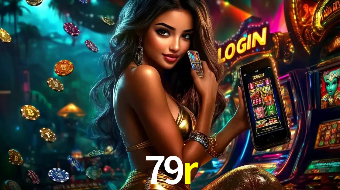 Mulher em um cenário de cassino temático de aventura, mostrando o app de caça-níqueis da 79r no celular. Fichas de apostas flutuam ao redor.
